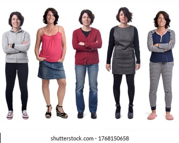 front view of a woman dressed in different outfits  sportswear, blue jeans, dress and skirt on white background - Shutterstock ID 1768150658