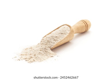 Front view of a wooden scoop filled with Organic Sorghum Flour (Sorghum bicolor) or Jowar Flour. Isolated on a white background.