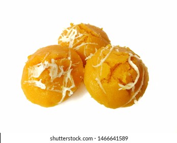 Front View Of​ Yellow Toddy Palm Cake With Coconut Slide, Thai Dessert Made From Toddy Palm Fruit, Isolated On White Background 