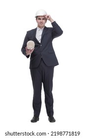 Front View Of Young Architect Man In Hardhat Holding Blueprints Walking Away