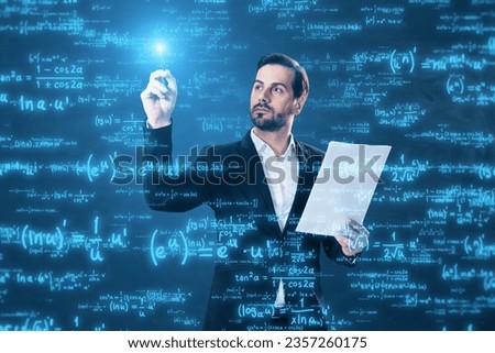 Front view of young european businessman with document in hand using glowing digital math formulas hologram on blurry background. Ai and statistics, education concept