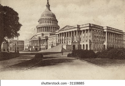 front of vintage postcard with drawing of the capitol