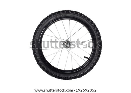Front wheel of a kids bicycle isolated on white background 