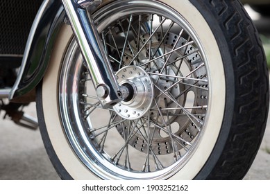 Front Wheel Of Motorbike Closeup