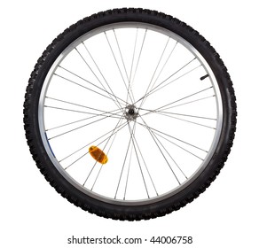 Front wheel of a mountain bike isolated on white background