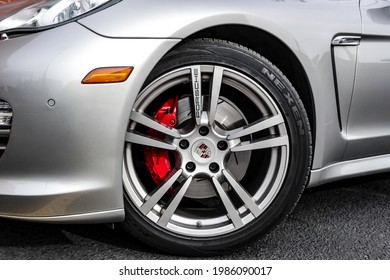 Front Wheel and Rim on Silver Porsche