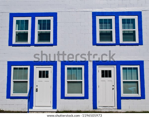Front White Brick Townhome Blue Trim Stock Photo Edit Now 1196505973