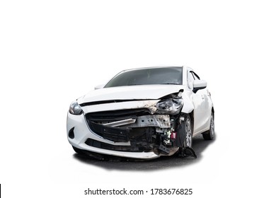 Front Of White Car Get Damaged By Accident On The Road. Isolated On White Background. Saved With Clipping Path