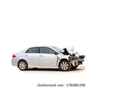 Front of white car get damaged by accident on the road. Isolated on white background. Saved with clipping path - Shutterstock ID 1783881398