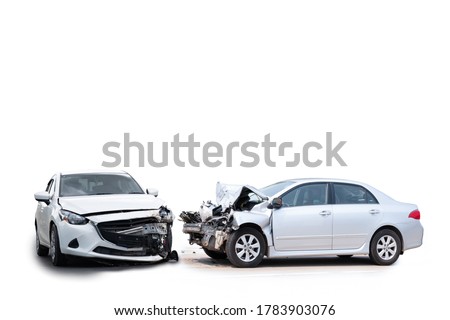 Front of white car get damaged by accident on the road. Isolated on white background. Saved with clipping path