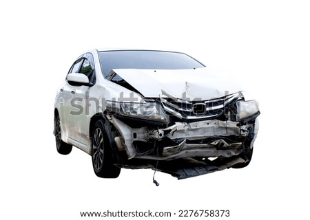 Front of white car get damaged by accident on the road. Broken cars after collision. auto accident, isolated on white background with clipping path include