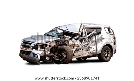 Front of white car get damaged by accident on the road. damaged cars after collision. isolated on white background with clipping path include