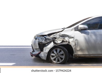 Front Of White Color Car Damaged And Broken By Accident Isolated On White Background. 