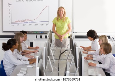 A front wide view of a Teacher standing in the middle of a computer lab while her students working on both sides. - Powered by Shutterstock