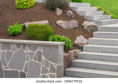 Front yard with external staircase made of granite - Shutterstock ID 1904779531