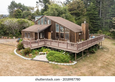 Front Yard And Garden Of A Secluded Home On The Mendocino Coast Of California, Shot From A Drone