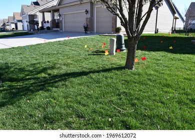 A Front Yard With Utility Flags All Over It. The Neighborhood Is In St. Peters, Missouri. Picture Taken On March 27th, 2021.