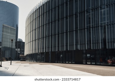 Frontage of large circular building, without people, business area