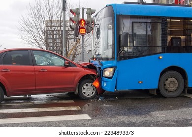 Frontal collision of a car and a bus.  Head-on collision between bus and car. Car accident. Traffic accident.                                  - Shutterstock ID 2234893373