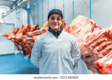 Frontal formal portrait of a happy caucasian adult woman butcher with laboratory coat and hygienic hat in a cold storage room of meat factory - Powered by Shutterstock