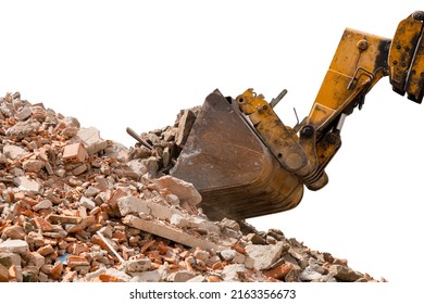 Frontal Hydraulic Loader Forms A Pile Of Construction Debris With A Bucket. Pile Of Broken Red Brick, Shards Of Tiles And Concrete, Isolated On White Background