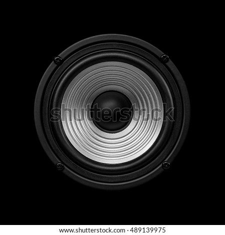 Frontal image  audio speaker with undulating membrane. Photo black and white, isolated on a black background.