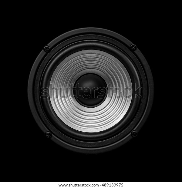 Frontal image 
audio speaker with undulating membrane. Photo black and white,
isolated on a black
background.