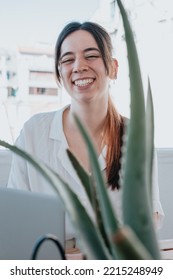 Frontal Portrait Of A Young Smiling Business Student Working On Laptop Looking Straight To Camera