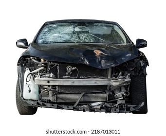 Frontal View Of A Black Crashed Car Wreck - Dented Bonnet, Smashed Engine And Broken Windshield - Isolated On White