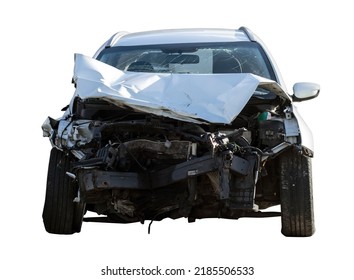 Frontal View Of A Crashed Car Wreck Isolated On White