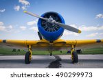 Frontal view of engine and propeller of old vintage airplane