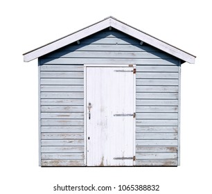 Frontal View Of A Simple Off-white Garden Shed, Made From Planks, With A Door And A Saddle Roof. Isolated On A White Background