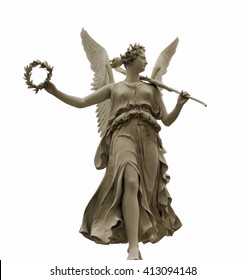 Frontal view of a Statue of the goddess Nike, isolated on white background by clipping path