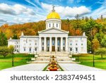 Frontal view of Vermont State House, in Montpelier, VT with fall foliage colors. This capitol is a public building and the seat of the Vermont General Assembly.