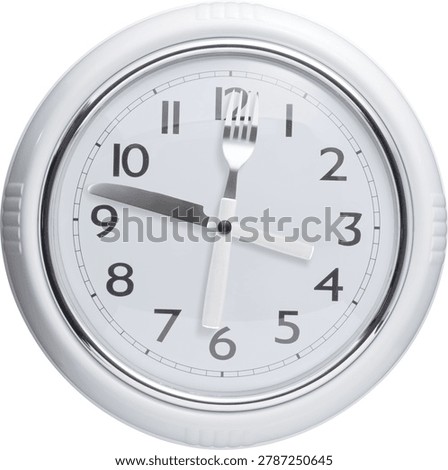 Frontal view of a white clock with cutlery hands on white background