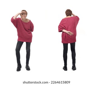front,back and side view of same woman looking away on white background