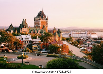 Frontenac Castle in Old Quebec City in the beautiful sunrise light. 