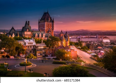 Frontenac Castle in Old Quebec City in the beautiful sunrise light. 