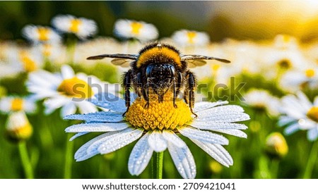 A front-facing close-up of a bumblebee collecting nectar from a dew-covered daisy as the sunrise paints the meadow in golden light.