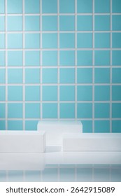 Front-facing composition with stacked white rectangular podiums. Glossy surface and turquoise tile wall offer a fresh and clean aesthetic.