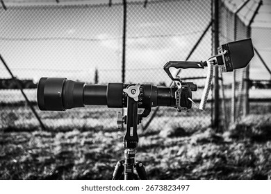 Front-facing view of professional camera mounted on tripod, photographed in daylight with blurred natural background