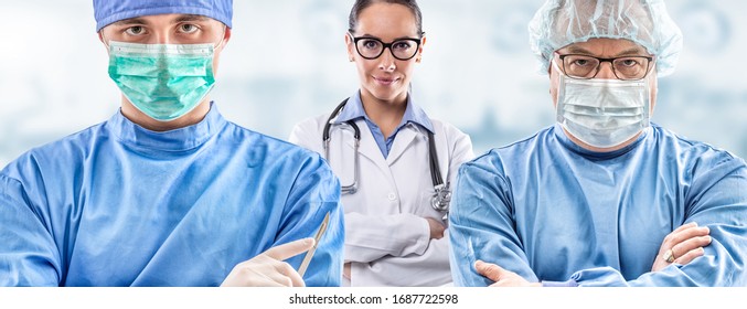 Frontline medics team with and without various face masks facing pandemic. Arms crossed male and female doctors in protective gear fighting coronavirus COVID-19. - Powered by Shutterstock