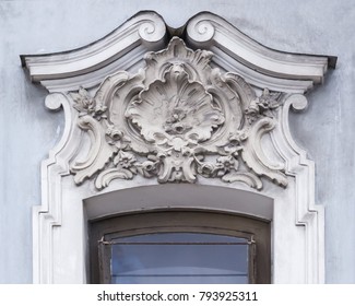 Fronton. Sculptural Design Of The Window. Architectural Details. Stucco Molding Rococo Building.