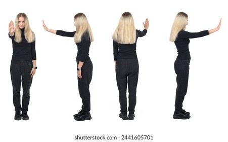 front,side and back view of a portrait of a group of the same blonde woman standing showing stop sign on white background - Powered by Shutterstock