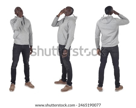 front,side and back view of same man thinking and looking up on white background