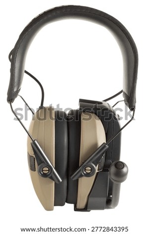 Frontside view of hearing proection with a two-way wirless radio built in and microphone isolated on a white background.
