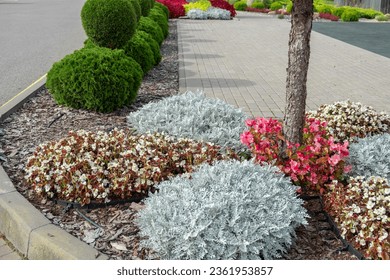 Frontyard with Paver Walkway. Beautiful Garden path made of natural stones, gravel. Huge landscaping trend. Lawn, shrubbery in the backyard. Scenic of nice landscaped. Home design. Garage driveway - Shutterstock ID 2361953857