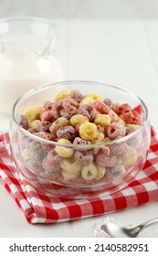 Froot Loops Cereal For Breakfast, On White Table 