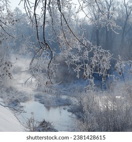 Frost and frost on the branches. Fog over the winter river. Winter background. - Powered by Shutterstock