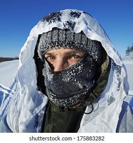 Frost On The Frozen Face And Clothes Men.